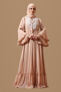 Embroidered Abaya with Flared Sleeves & Tassel Tie - EastEssence.com