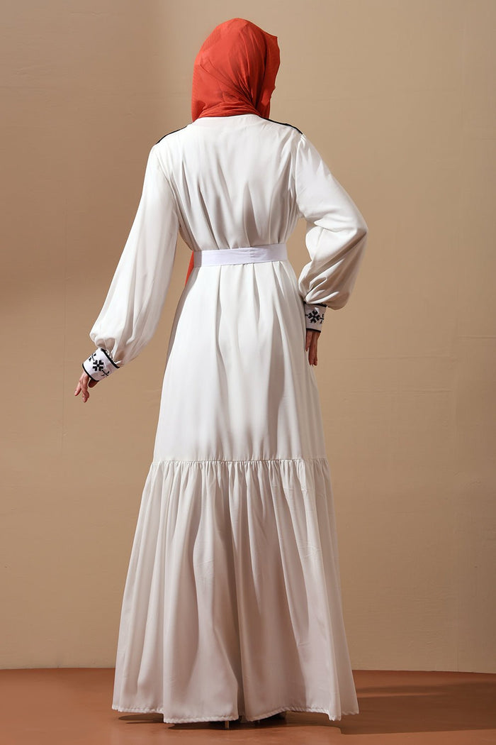 Embroidered Belted Abaya with Black Detailing - EastEssence.com