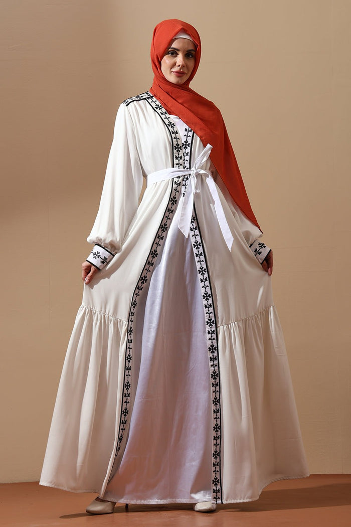 Embroidered Belted Abaya with Black Detailing - EastEssence.com