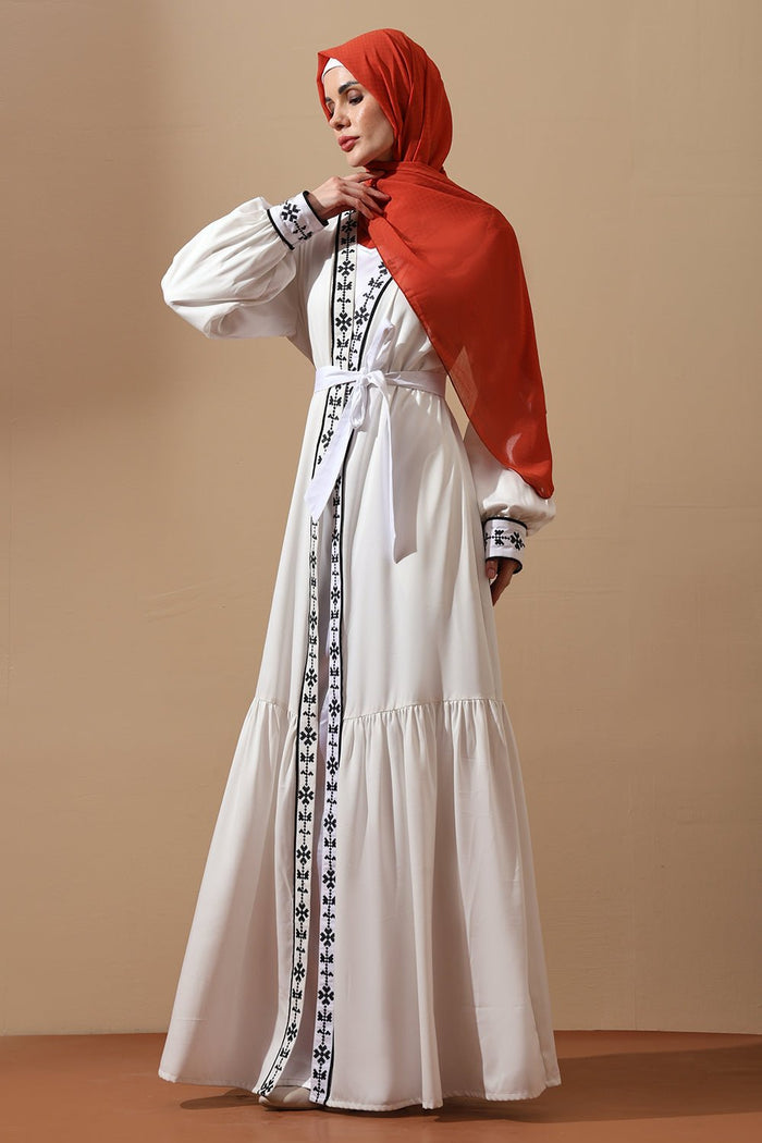 Embroidered Belted Abaya with Black Detailing - EastEssence.com