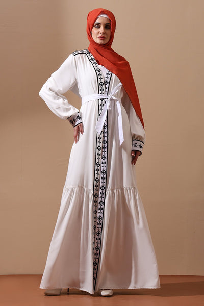 Embroidered Belted Abaya with Black Detailing - EastEssence.com