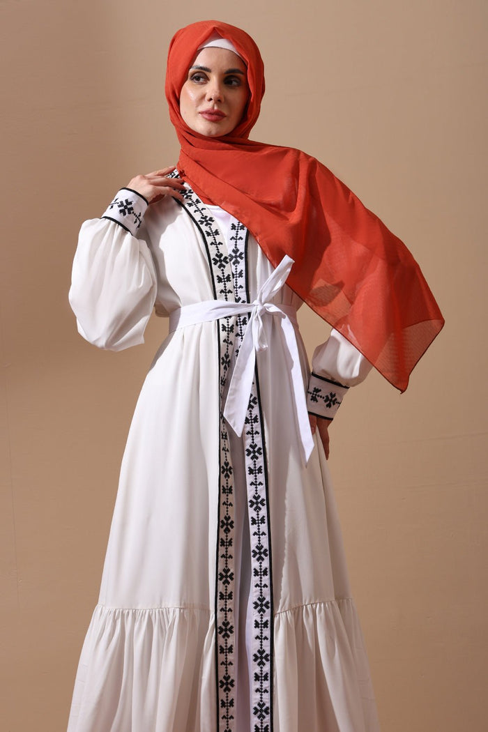 Embroidered Belted Abaya with Black Detailing - EastEssence.com