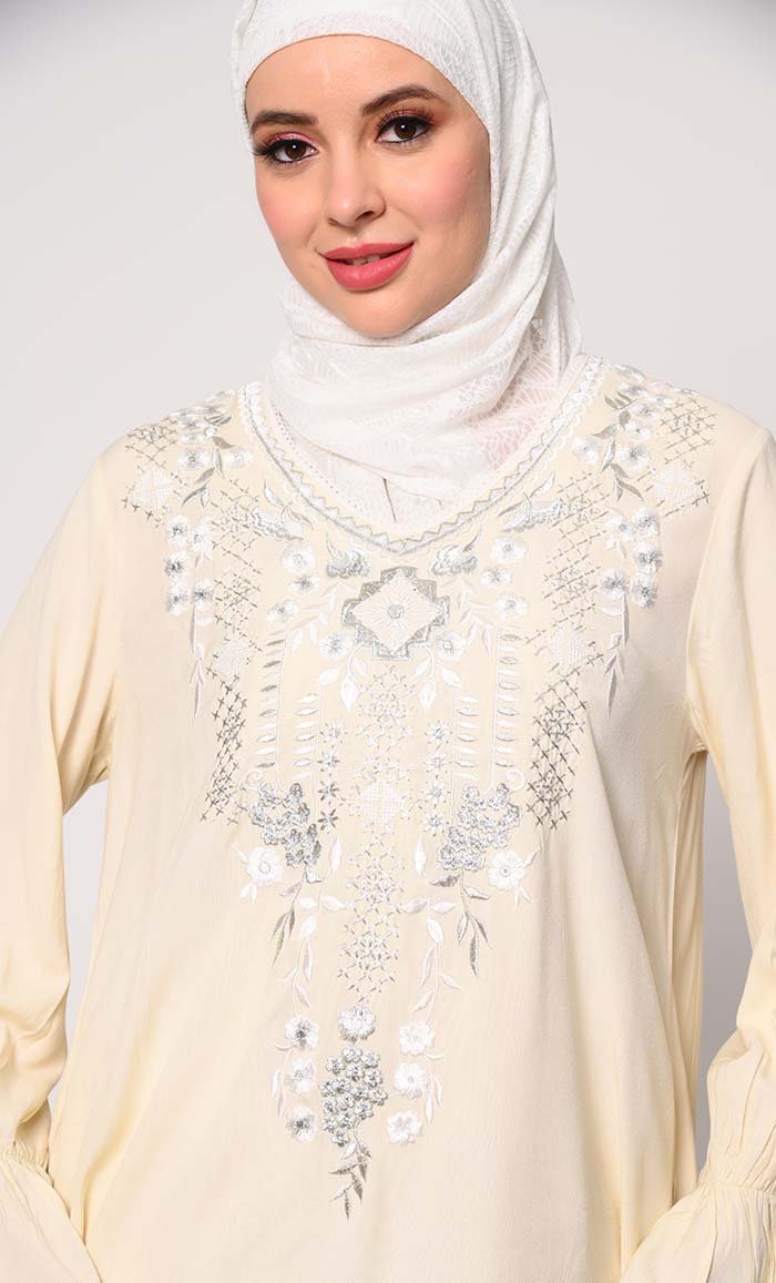 Embroidered Cream Tunic with Asymmetrical Hem - EastEssence.com