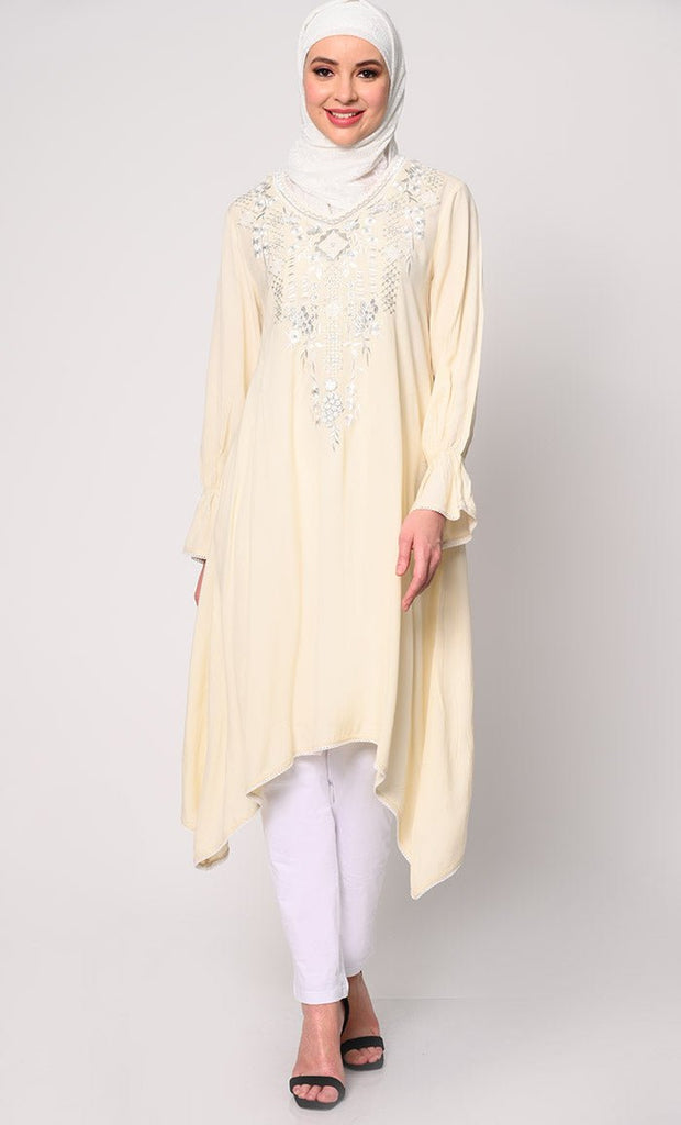 Embroidered Cream Tunic with Asymmetrical Hem - EastEssence.com