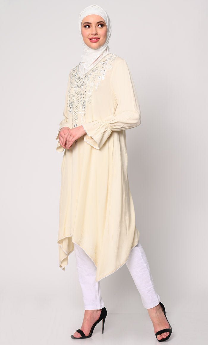 Embroidered Cream Tunic with Asymmetrical Hem - EastEssence.com