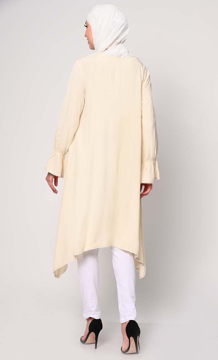 Embroidered Cream Tunic with Asymmetrical Hem - EastEssence.com