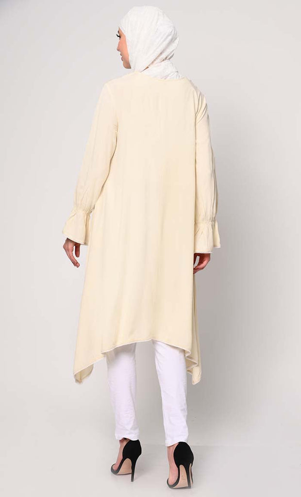 Embroidered Cream Tunic with Asymmetrical Hem - EastEssence.com