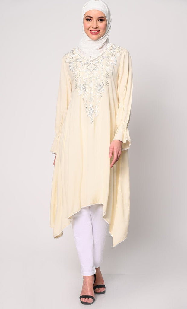 Embroidered Cream Tunic with Asymmetrical Hem - Final Sale - EastEssence.com