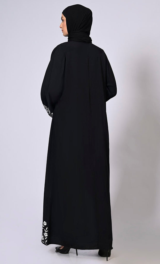 Embroidered Enchantment: Graceful Black Abaya with Delicate Details and Belt - Final Sale - EastEssence.com