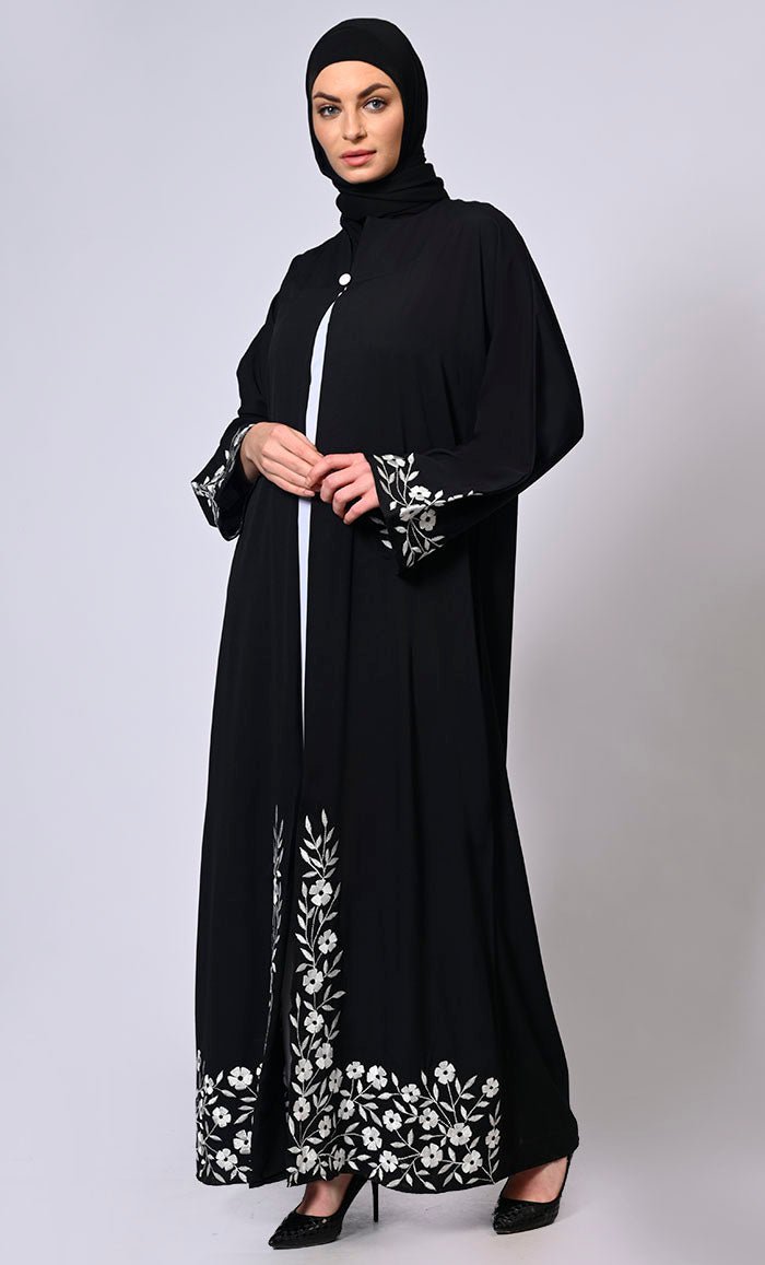 Embroidered Enchantment: Graceful Black Abaya with Delicate Details and Belt - Final Sale - EastEssence.com