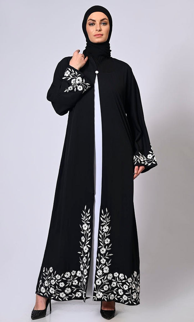 Embroidered Enchantment: Graceful Black Abaya with Delicate Details and Belt - Final Sale - EastEssence.com