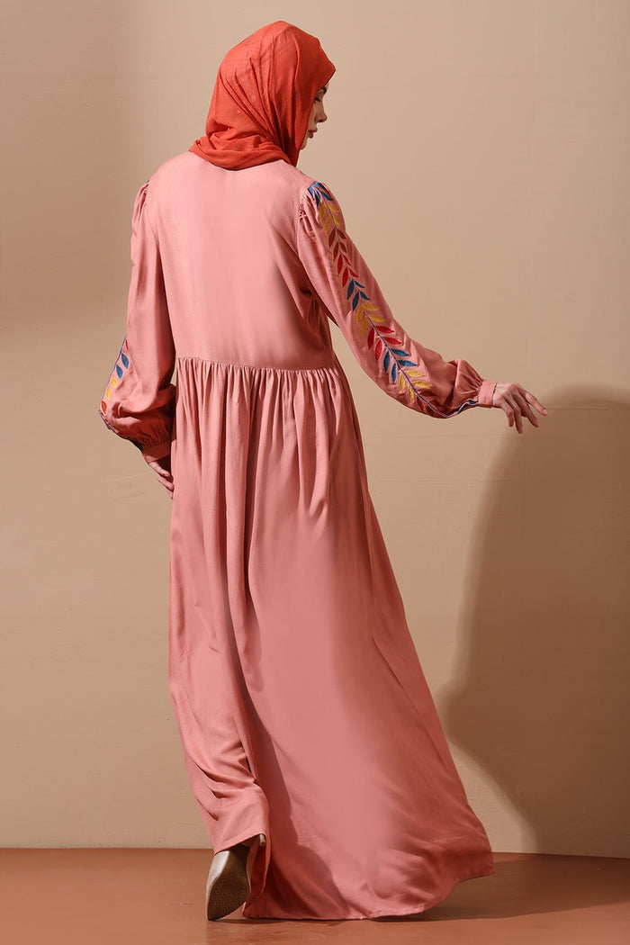 Embroidered Flared Abaya with Leaf Motif Detailing - EastEssence.com