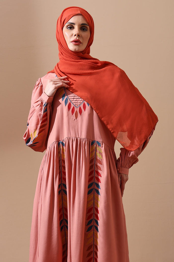 Embroidered Flared Abaya with Leaf Motif Detailing - EastEssence.com