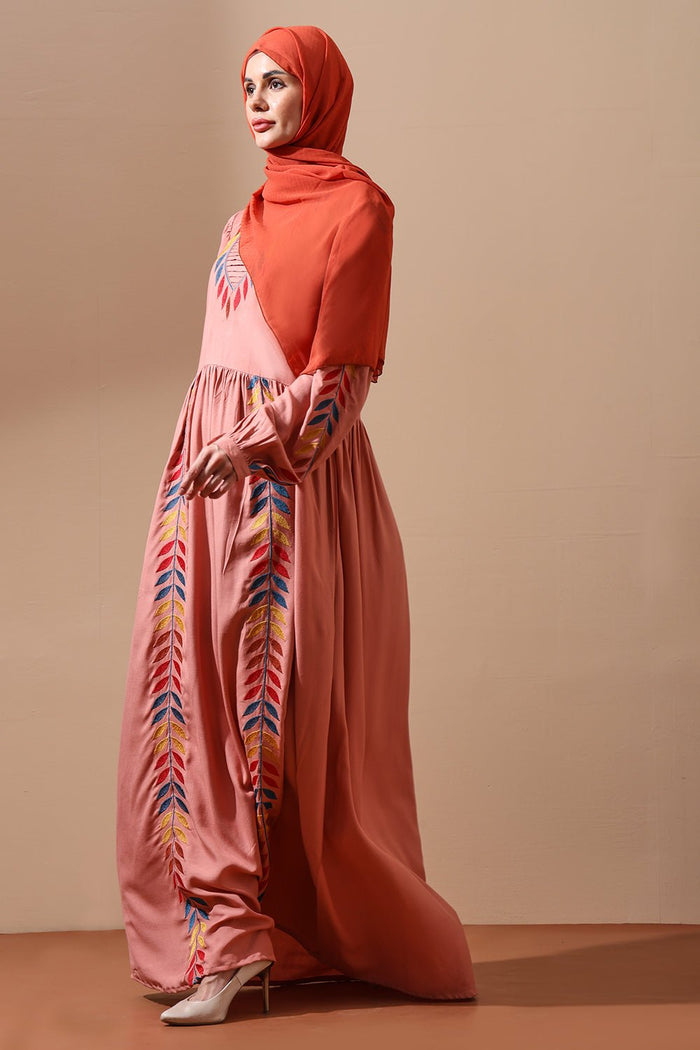Embroidered Flared Abaya with Leaf Motif Detailing - EastEssence.com