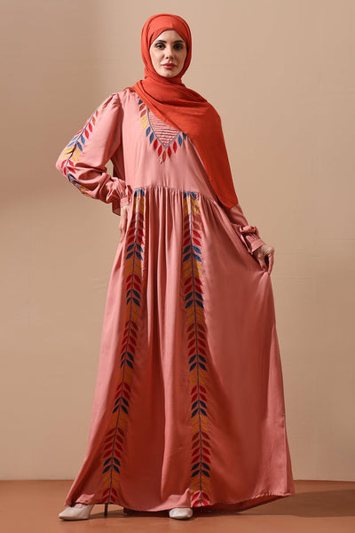Embroidered Flared Abaya with Leaf Motif Detailing - EastEssence.com