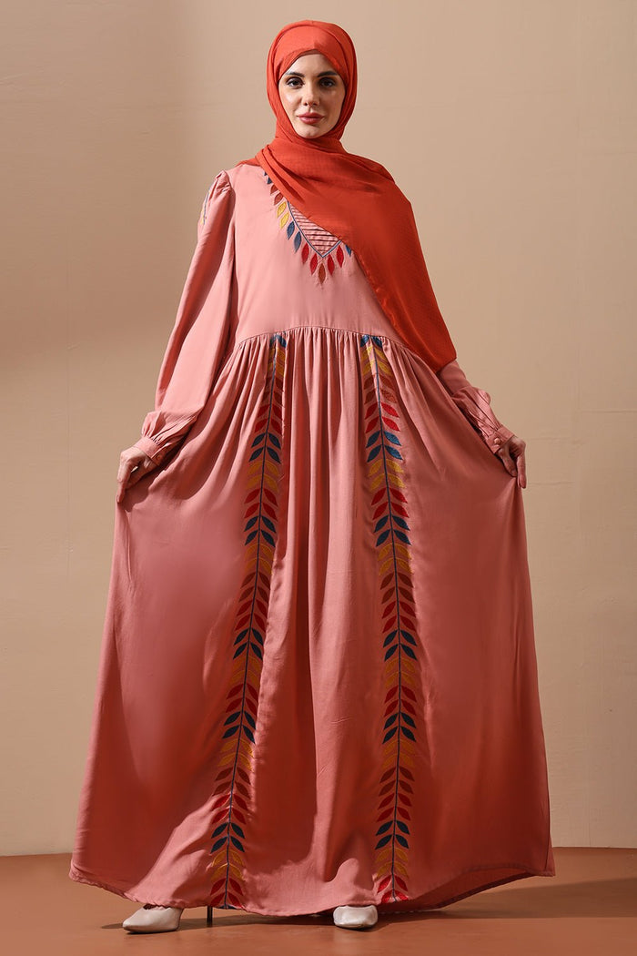 Embroidered Flared Abaya with Leaf Motif Detailing - EastEssence.com