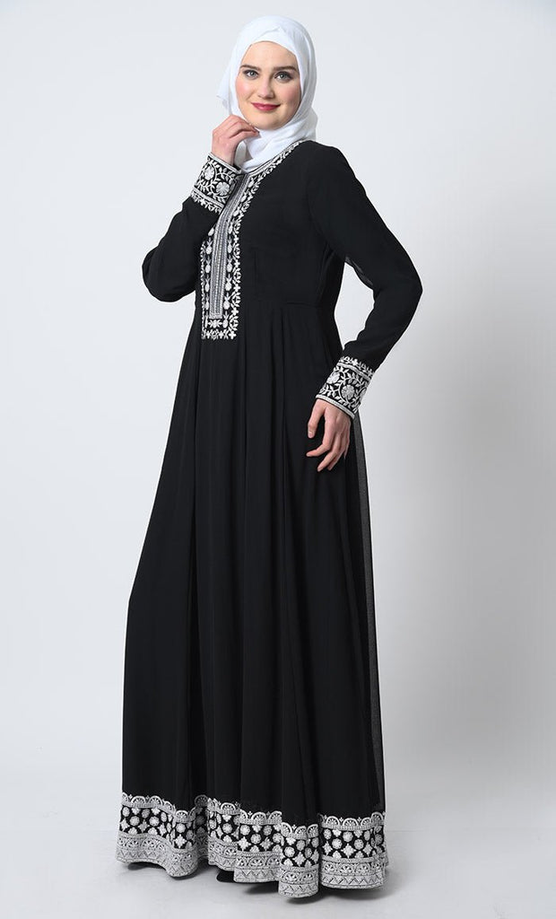 Embroidered Georgette Abaya – Full Sleeves, Pleated Waist, Zari Detail - EastEssence.com