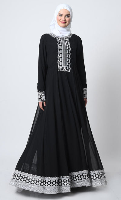 Embroidered Georgette Abaya – Full Sleeves, Pleated Waist, Zari Detail - EastEssence.com