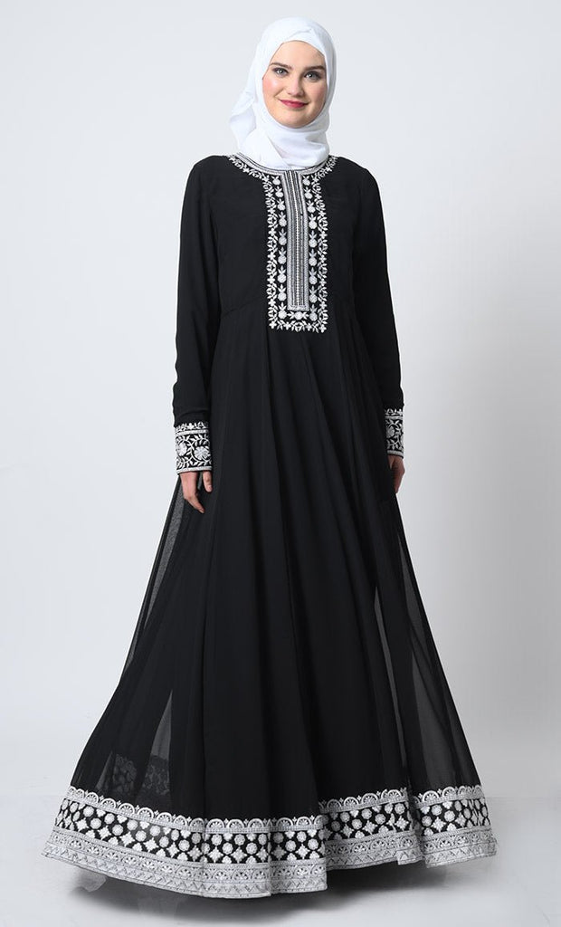 Embroidered Georgette Abaya – Full Sleeves, Pleated Waist, Zari Detail - EastEssence.com