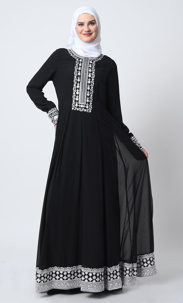 Embroidered Georgette Abaya – Full Sleeves, Pleated Waist, Zari Detail - EastEssence.com