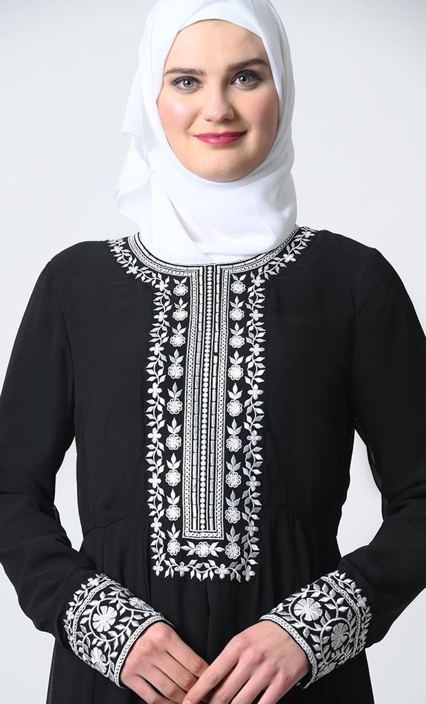 Embroidered Georgette Abaya – Full Sleeves, Pleated Waist, Zari Detail - EastEssence.com