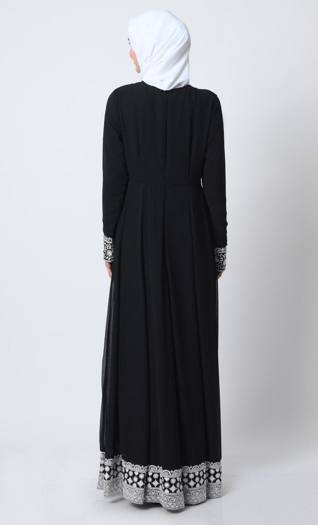 Embroidered Georgette Abaya – Full Sleeves, Pleated Waist, Zari Detail - EastEssence.com