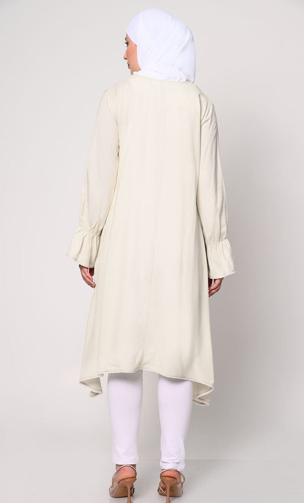 Embroidered Ivory Tunic with Asymmetrical Hem - EastEssence.com