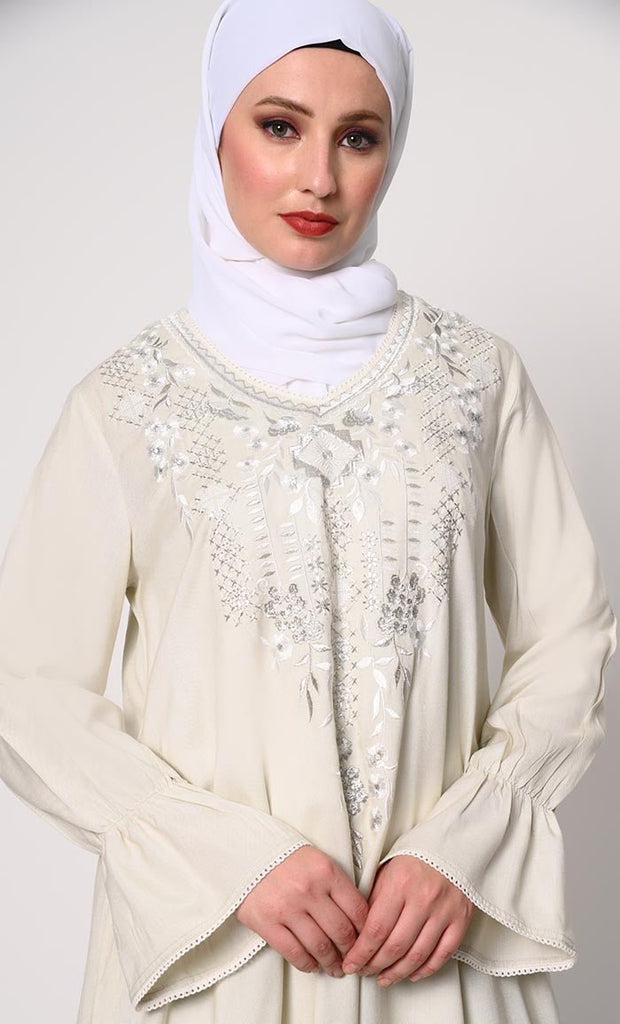 Embroidered Ivory Tunic with Asymmetrical Hem - EastEssence.com