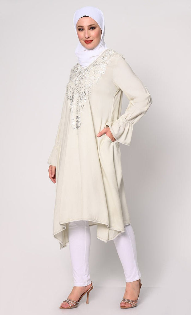 Embroidered Ivory Tunic with Asymmetrical Hem - EastEssence.com