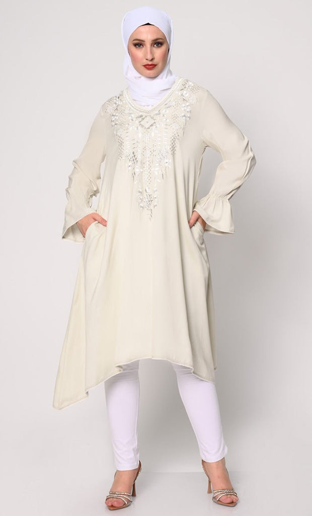 Embroidered Ivory Tunic with Asymmetrical Hem - EastEssence.com