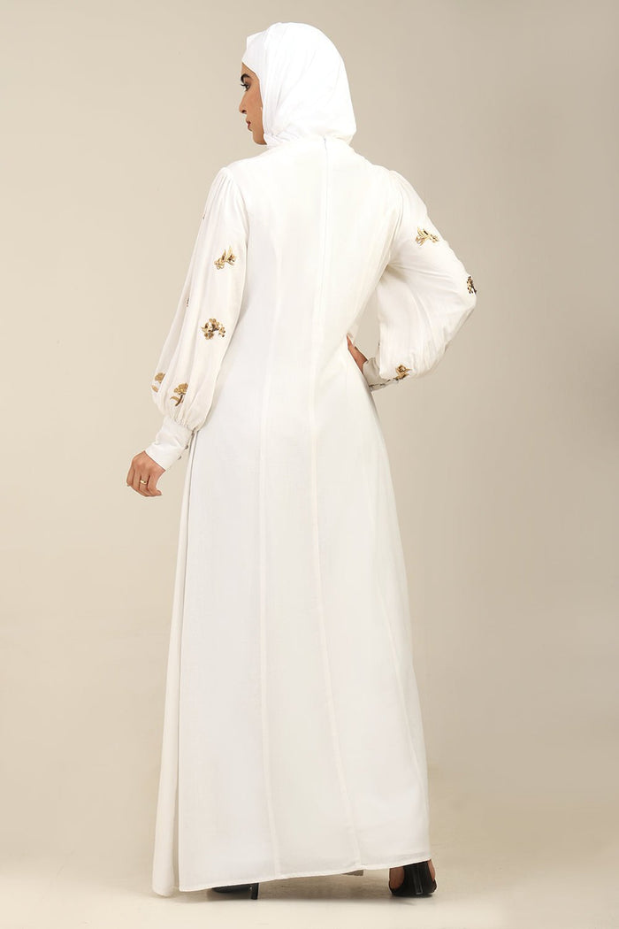 Embroidered Linen A-Line Abaya with Puffed Sleeves