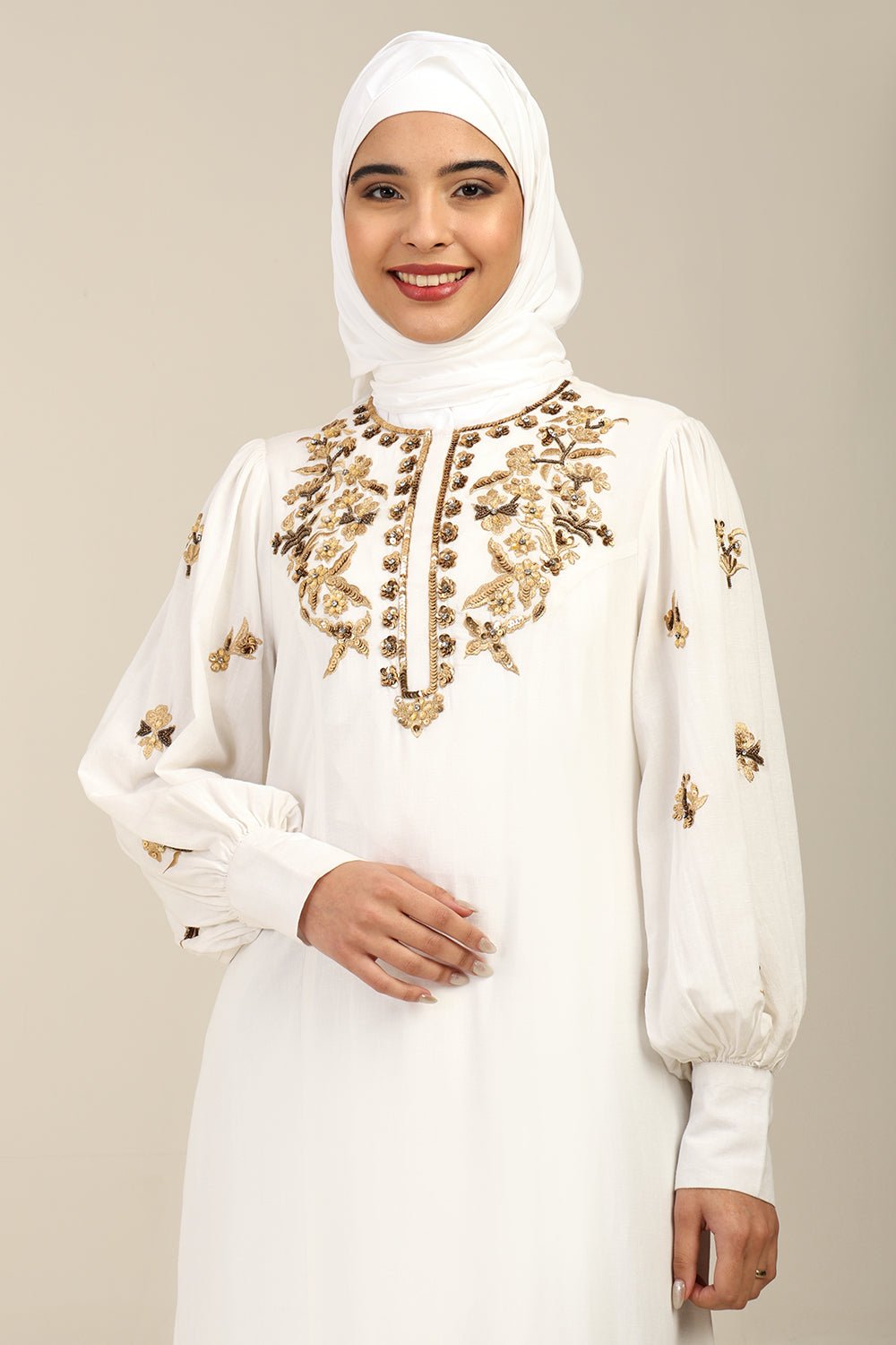 Embroidered Linen A - Line Abaya with Puffed Sleeves - EastEssence.com