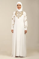 Embroidered Linen A - Line Abaya with Puffed Sleeves - EastEssence.com