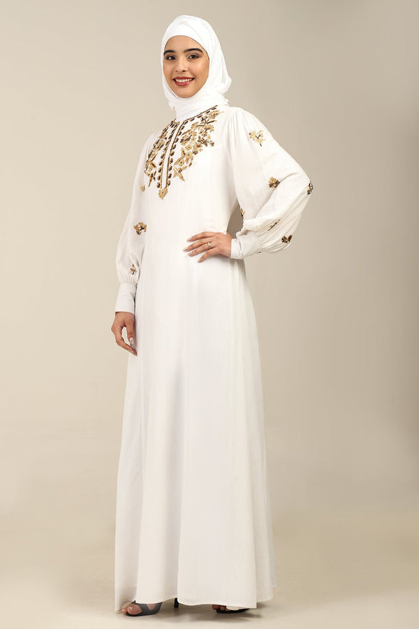 Embroidered Linen A - Line Abaya with Puffed Sleeves - EastEssence.com