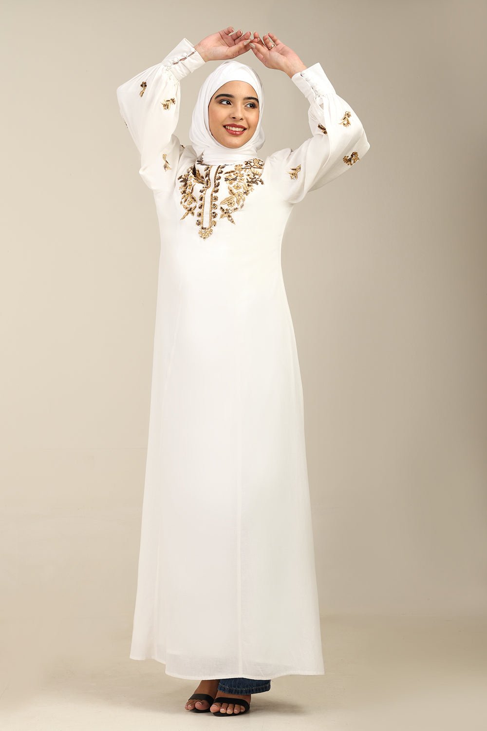 Embroidered Linen A - Line Abaya with Puffed Sleeves - EastEssence.com