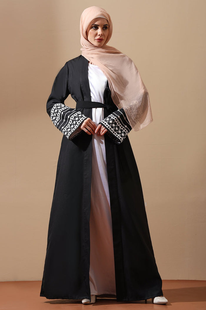 Embroidered Open Abaya with Bell Sleeves - EastEssence.com