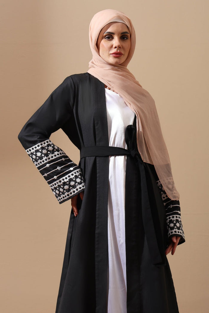 Embroidered Open Abaya with Bell Sleeves - EastEssence.com