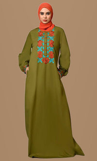 Embroidered Opulence Basil Green Abaya with Practical Pockets - EastEssence.com