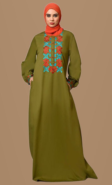 Embroidered Opulence Basil Green Abaya with Practical Pockets - EastEssence.com