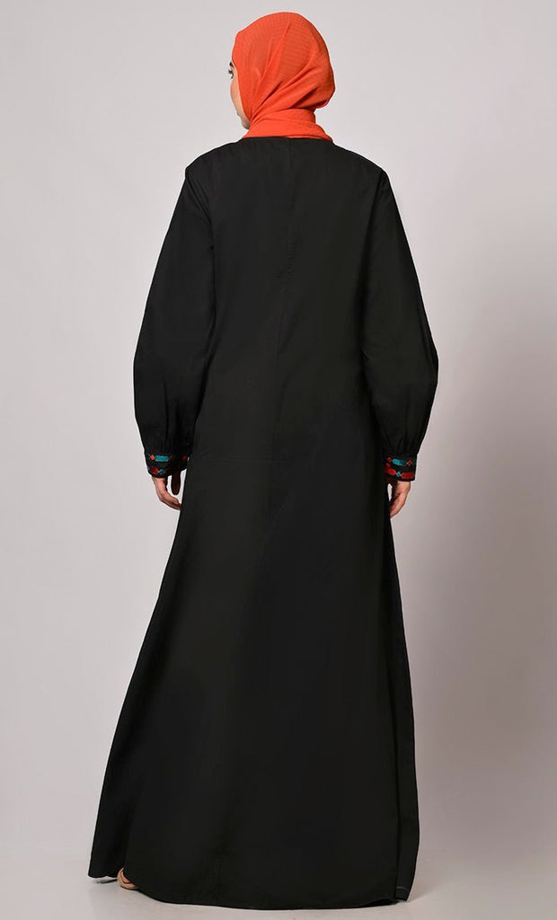 Embroidered Opulence: Black Abaya with Practical Pockets - Final Sale - EastEssence.com