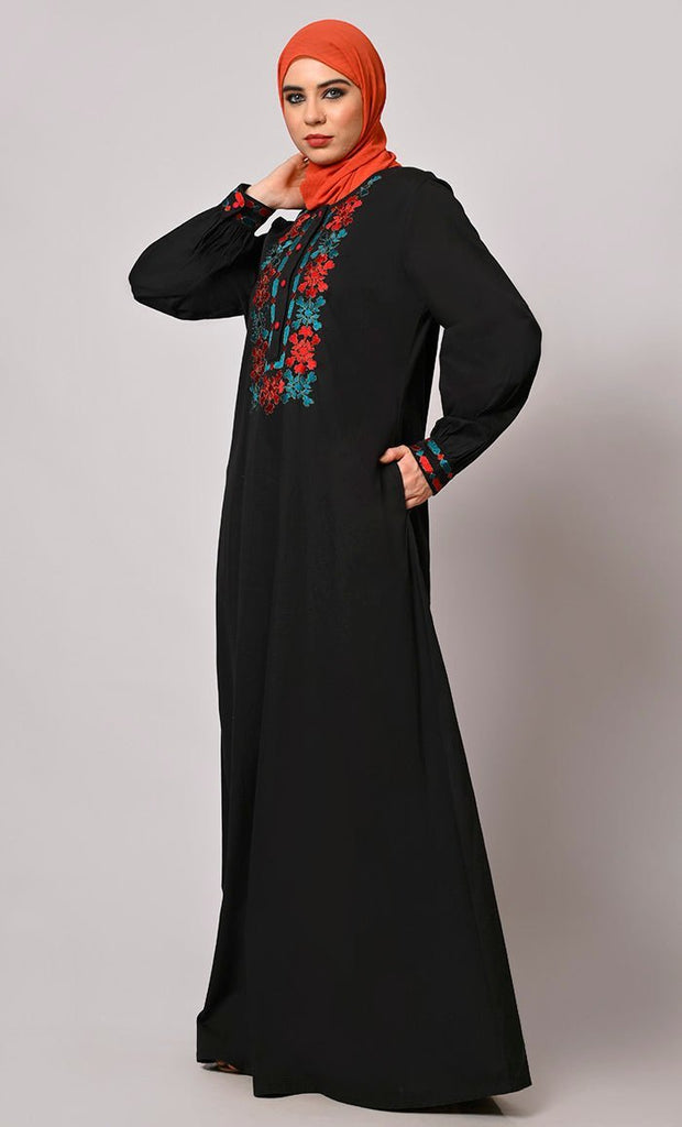 Embroidered Opulence: Black Abaya with Practical Pockets - Final Sale - EastEssence.com