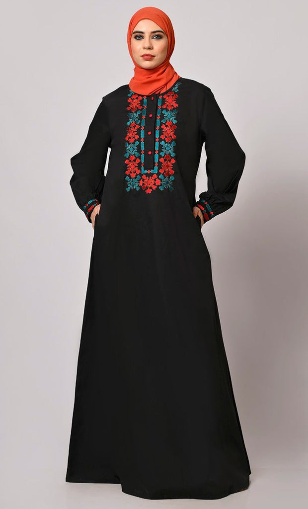 Embroidered Opulence: Black Abaya with Practical Pockets - Final Sale - EastEssence.com