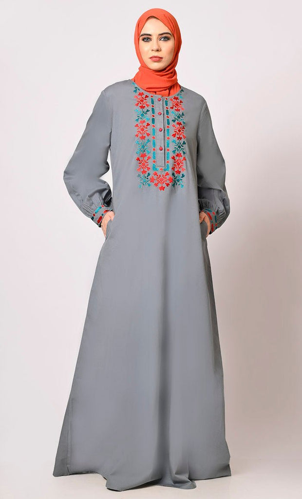 Embroidered Opulence: Grey Abaya with Practical Pockets - Final Sale - EastEssence.com