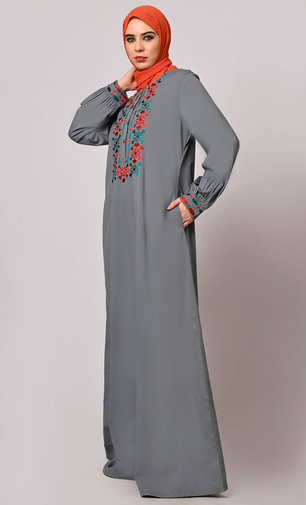 Embroidered Opulence: Grey Abaya with Practical Pockets - Final Sale - EastEssence.com