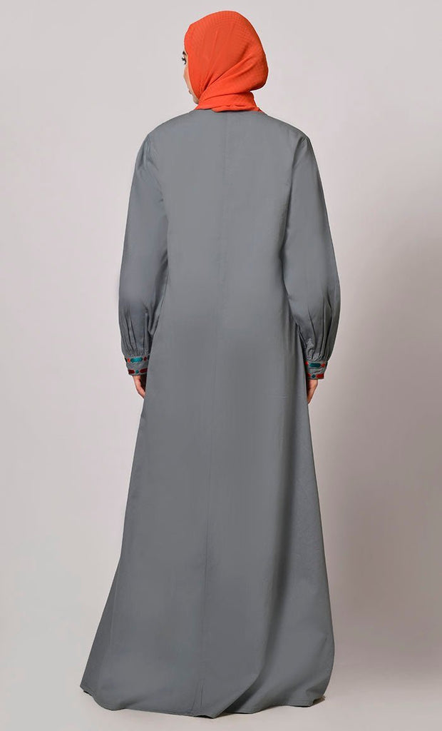 Embroidered Opulence: Grey Abaya with Practical Pockets - Final Sale - EastEssence.com