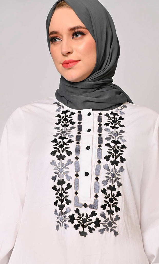 Embroidered Opulence: White Abaya with Practical Pockets - Final Sale - EastEssence.com