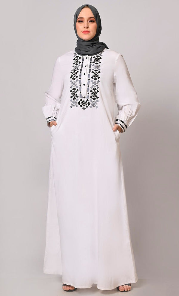 Embroidered Opulence: White Abaya with Practical Pockets - Final Sale - EastEssence.com