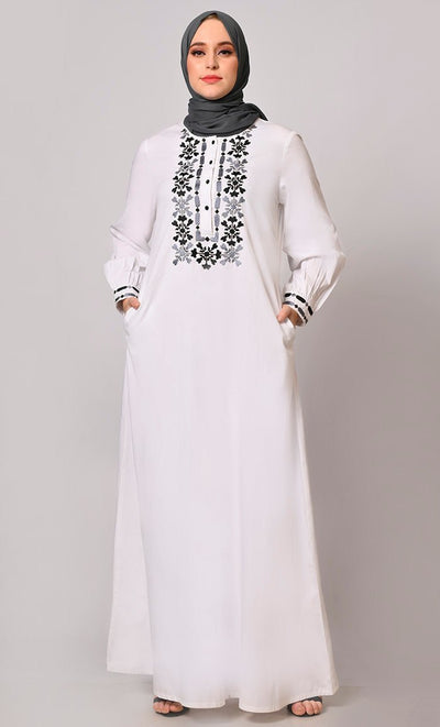 Embroidered Opulence: White Abaya with Practical Pockets - Final Sale - EastEssence.com