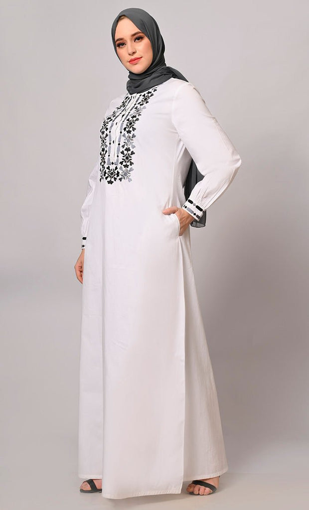 Embroidered Opulence: White Abaya with Practical Pockets - Final Sale - EastEssence.com