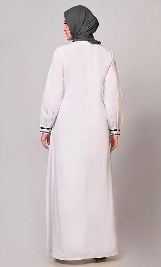 Embroidered Opulence: White Abaya with Practical Pockets - Final Sale - EastEssence.com